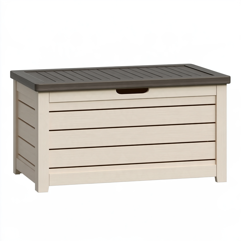Coffre de rangement extérieur 120 x 60 x 65 cm en résine beige et anthracite à couvercle