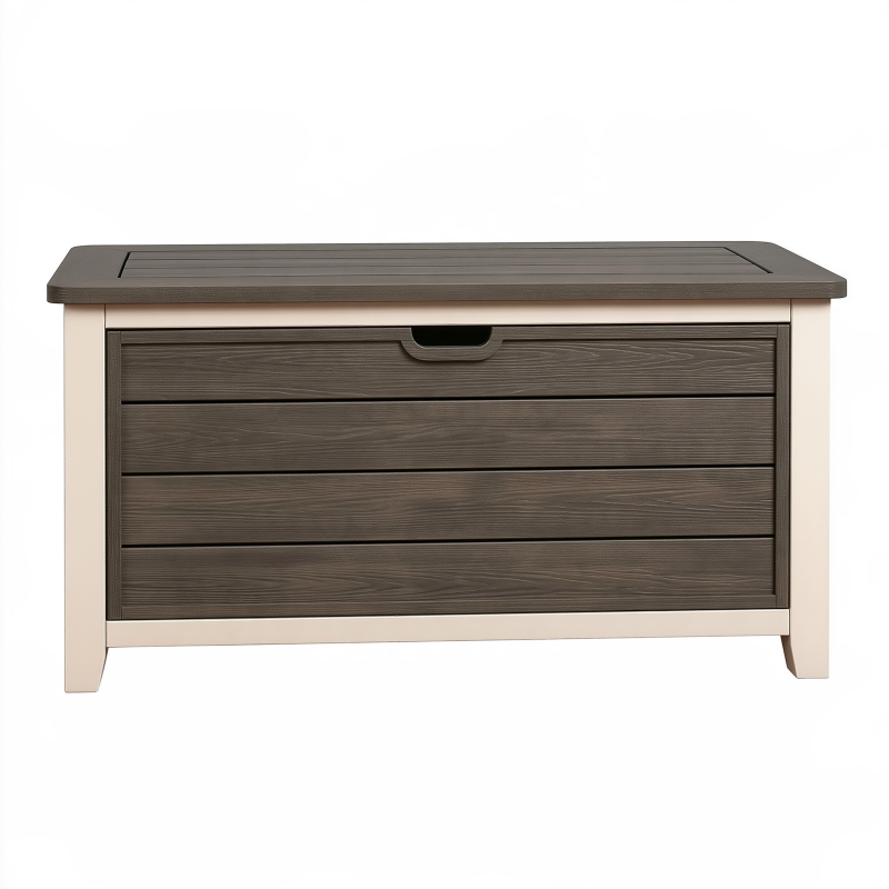 Coffre de rangement extérieur 120 x 60 x 70 cm en résine beige et marron avec couvercle