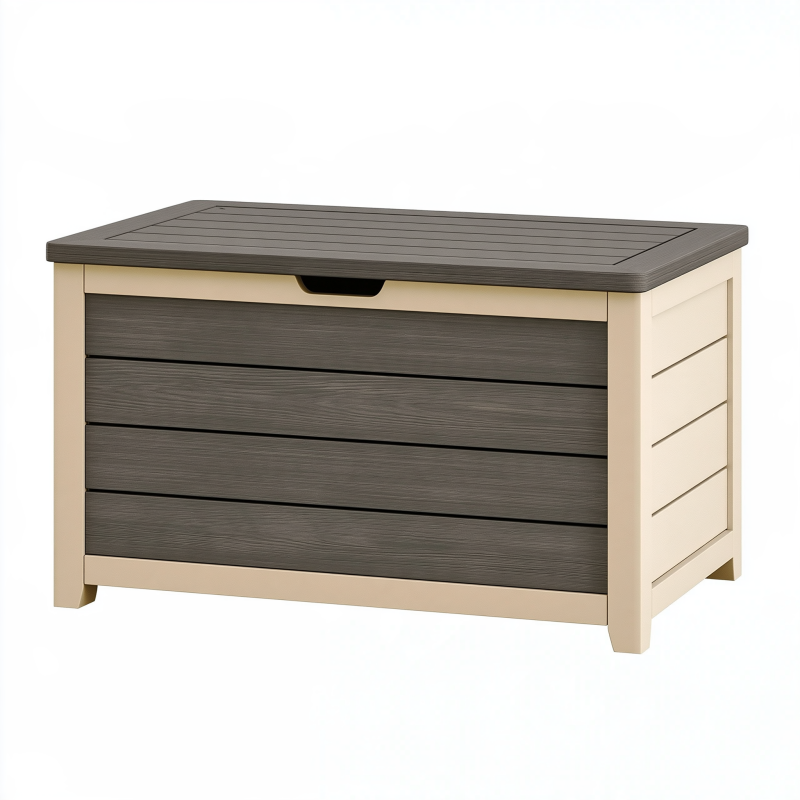 Coffre de rangement extérieur 120 x 60 x 65 cm en plastique beige et gris anthracite à couvercle
