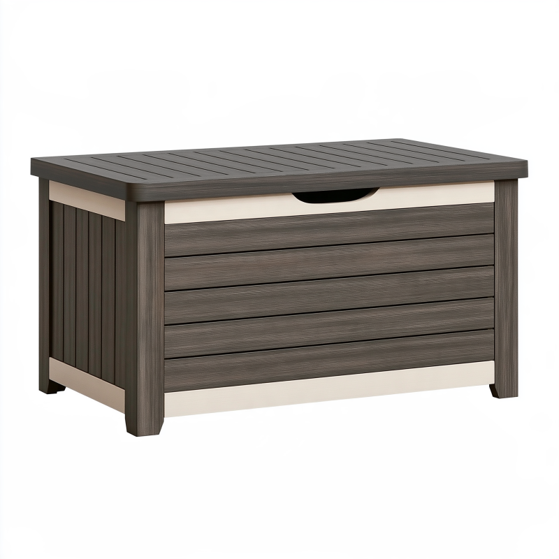 Coffre de rangement extérieur 120 cm en résine gris anthracite et beige à lattes