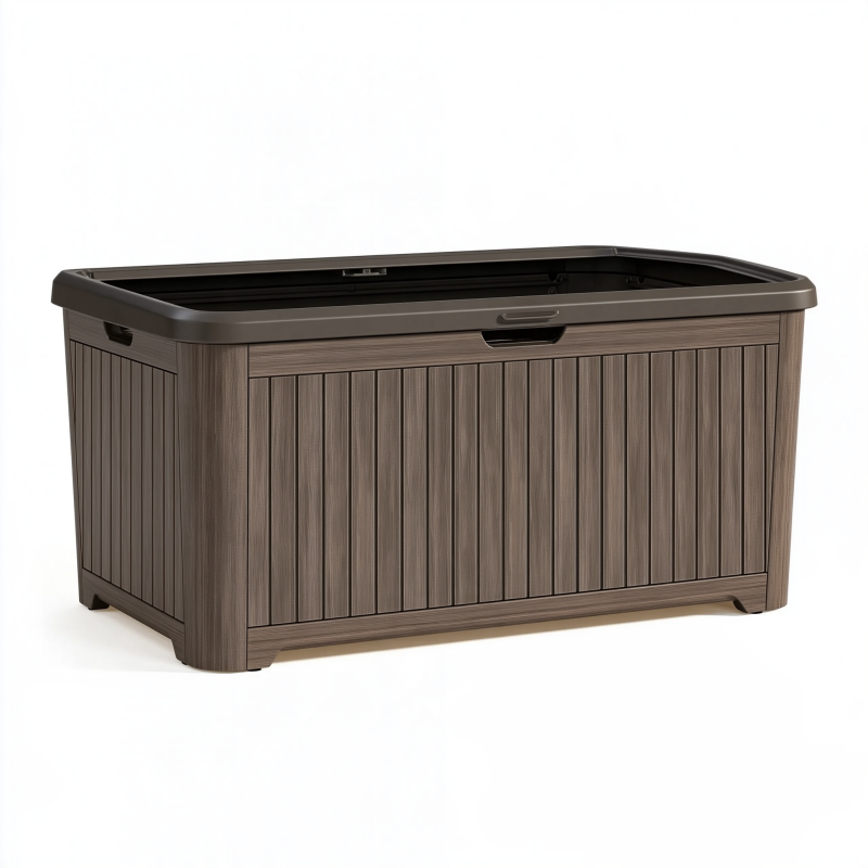 Coffre de rangement extérieur 120 x 55 x 60 cm en résine marron effet bois avec couvercle