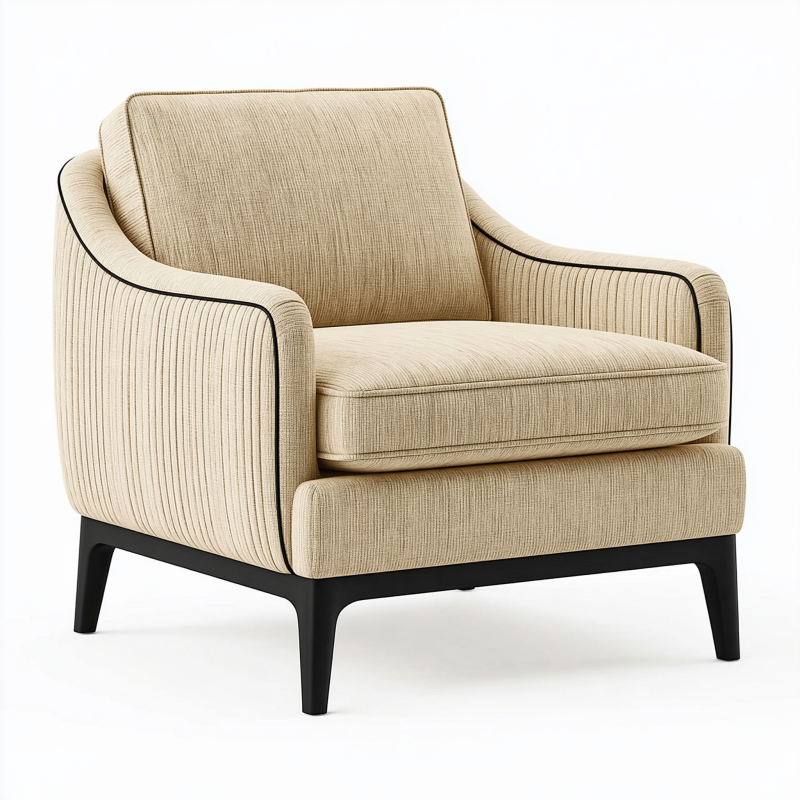 Fauteuil 90 x 85 x 82 cm en tissu beige côtelé avec pieds noirs style contemporain