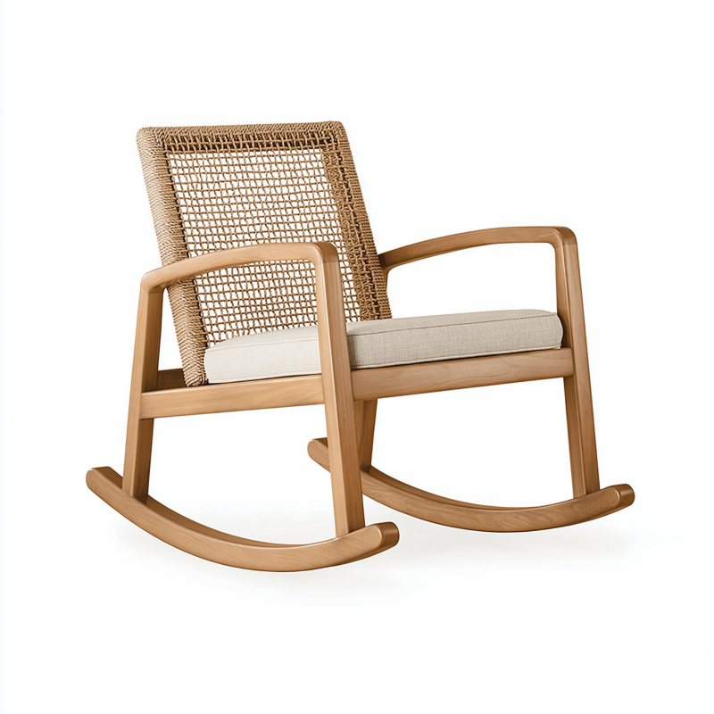 Fauteuil à bascule 108 x 68 x 95 cm en bois et rotin naturel avec assise beige style scandinave
