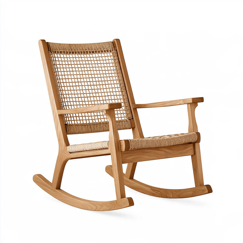Fauteuil à bascule 70 x 100 x 105 cm en bois naturel et corde tressée style rustique