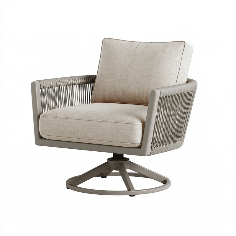 Fauteuil 80 x 82 x 88 cm beige et taupe en métal et corde tressée pivotant style contemporain