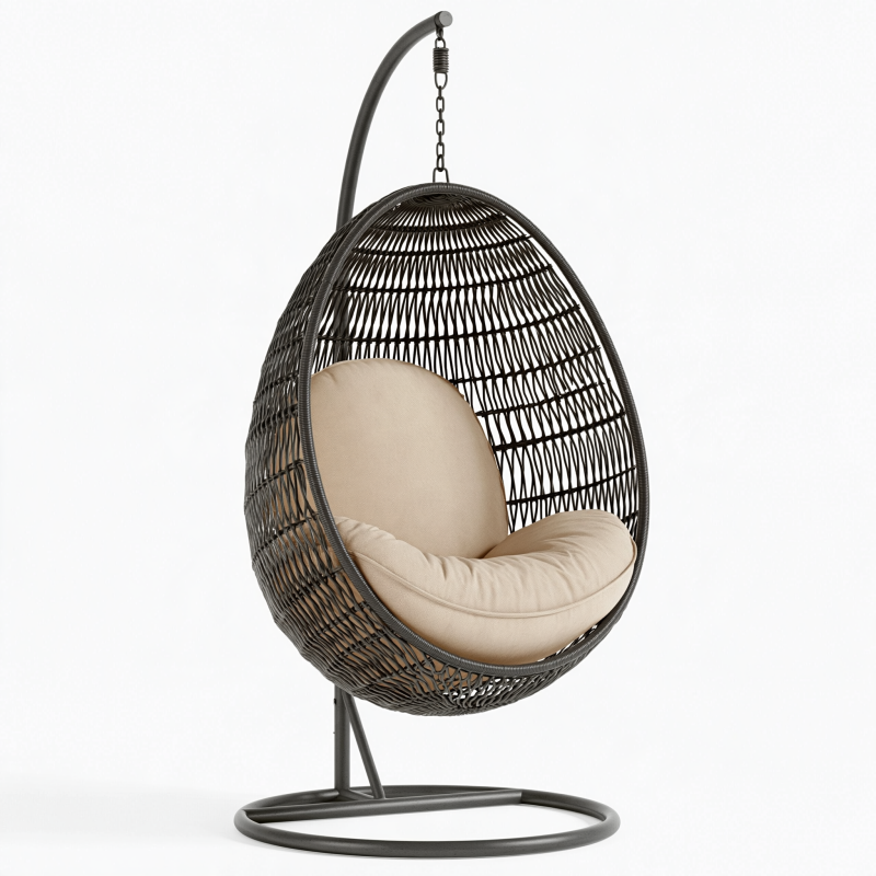 Fauteuil suspendu 100 cm en métal et résine tressée noir beige pour jardin style contemporain