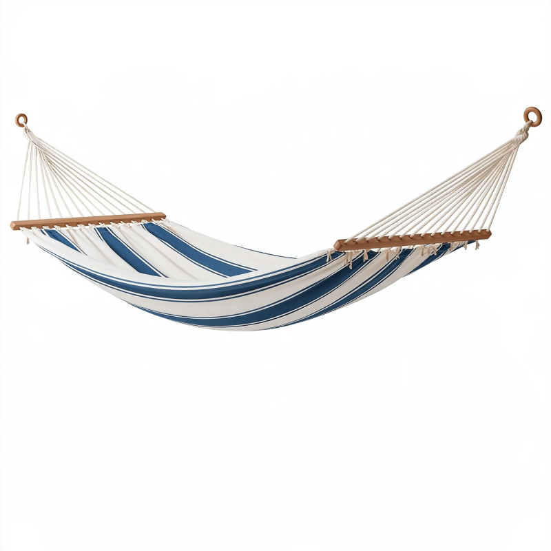 Hamac 200 x 100 cm en coton bleu et blanc avec barres en bois pour détente extérieure