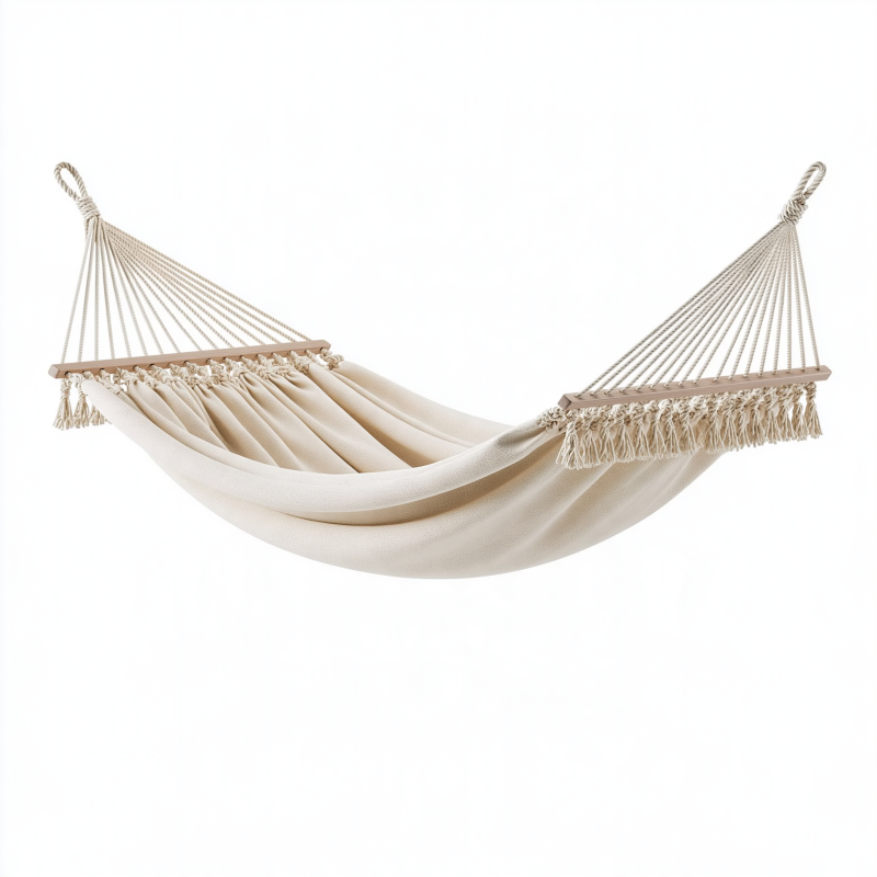 Hamac 300 x 120 cm en coton beige avec barres en bois pour détente suspendue