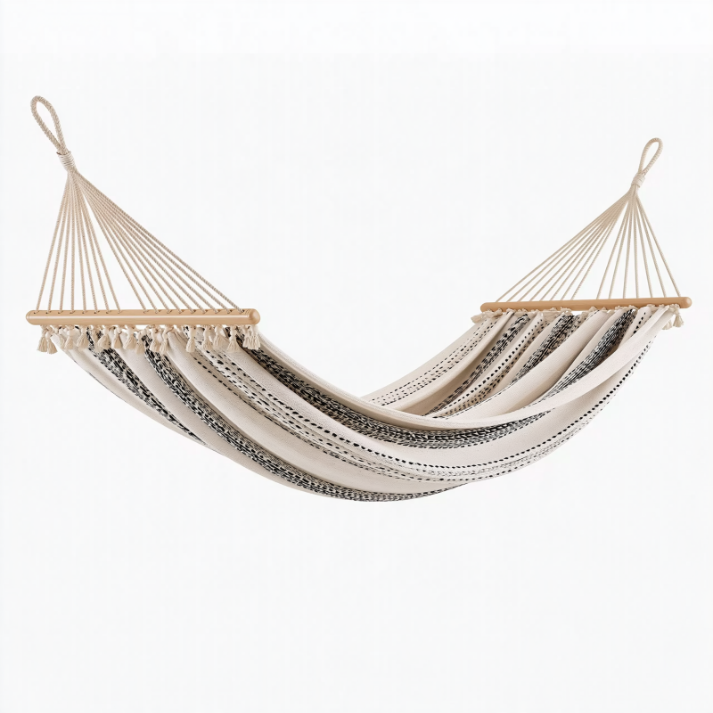 Hamac 200 x 80 cm en tissu beige et noir avec barres en bois pour jardin