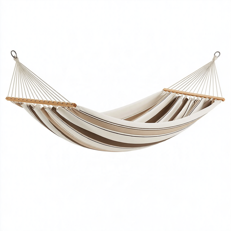 Hamac 200 x 150 cm en toile beige et marron avec barres en bois pour jardin