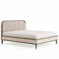 Lit double 160 x 200 cm en bois et tissu beige vert kaki - tête de lit rembourrée