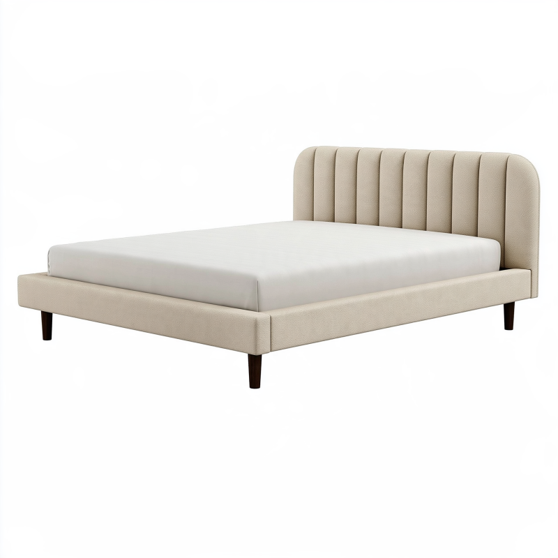 Lit double 160 x 200 cm en tissu beige avec tête de lit capitonnée et pieds en bois