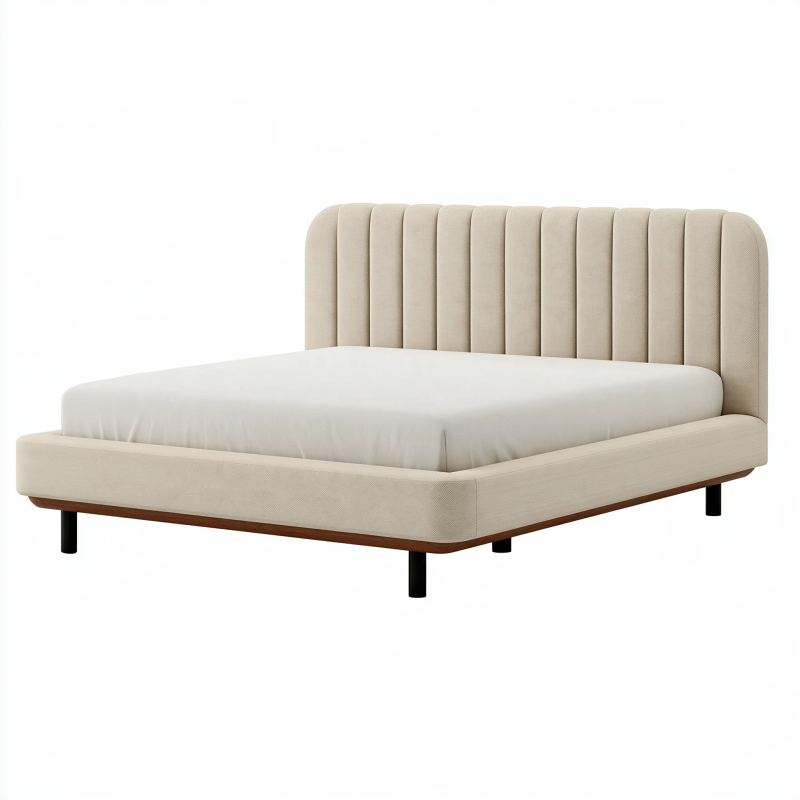 Lit 160 x 200 cm en tissu beige rembourré à tête de lit capitonnée moderne