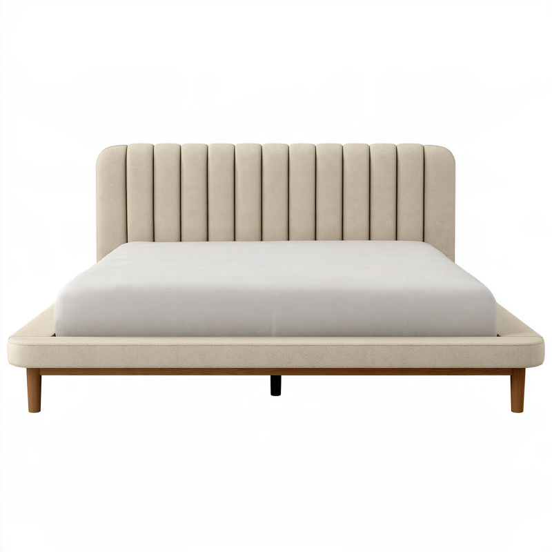 Lit 160 x 200 cm en tissu beige avec tête de lit capitonnée style contemporain