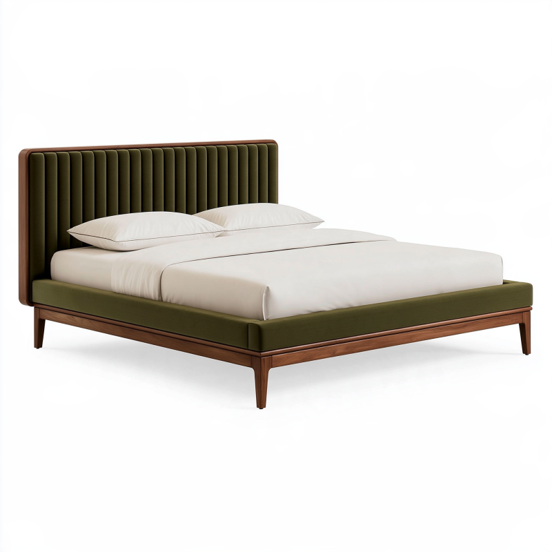 Lit double 160 x 200 cm en bois et tissu vert olive style contemporain