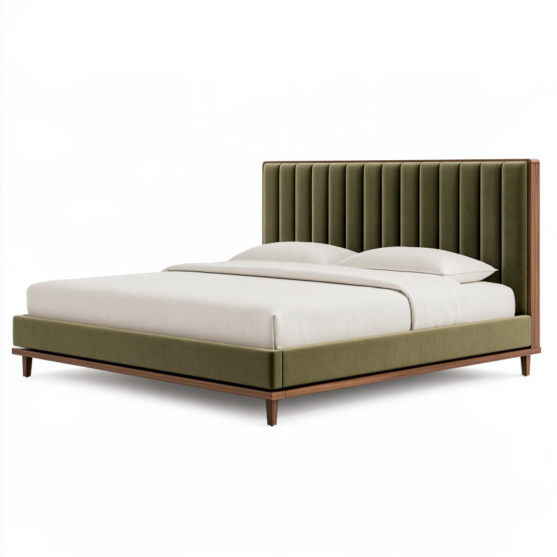 Lit 160 x 200 cm en velours vert avec cadre en bois style contemporain capitonné