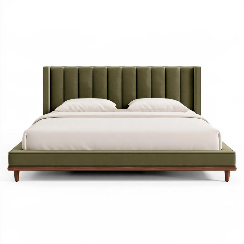Lit double 160 x 200 cm en tissu vert olive avec tête de lit capitonnée