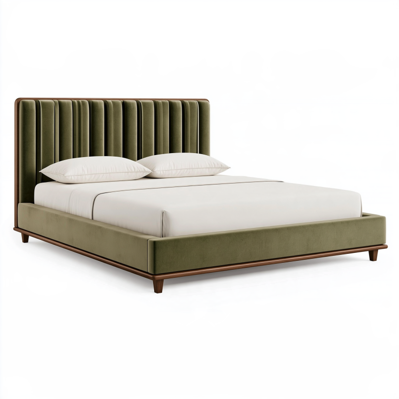 Lit 160 x 200 cm en velours vert olive avec cadre en bois style contemporain