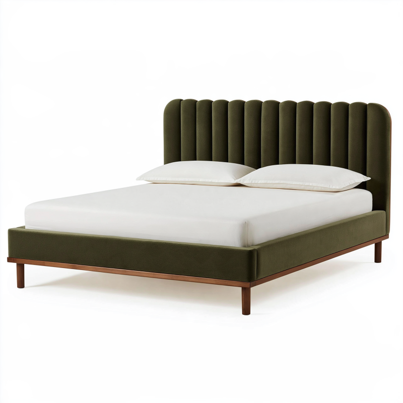 Lit double 160 x 200 cm en tissu vert olive avec tête de lit capitonnée
